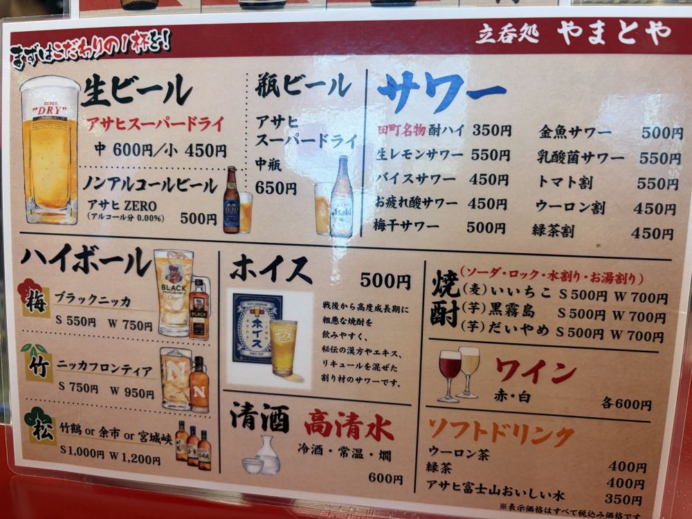 ドリンクメニュー。生ビール中600円・小450円、瓶ビール中瓶650円、酎ハイ350円など